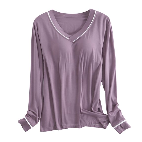 Shirt With Built In Bra Plus Size Fall Long Sleeve V Neck T Shirts Slim Fit Workout Casual Basic Fall Tops Outfits 2025 Purple XL