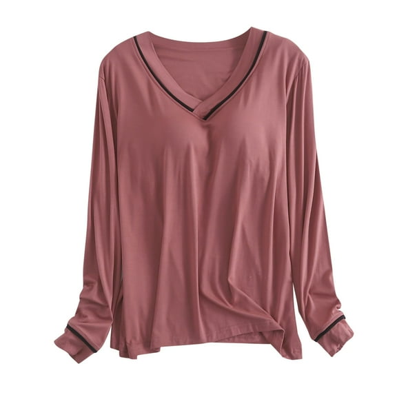 Shirt With Built In Bra Plus Size Fall Long Sleeve V Neck T Shirts Slim Fit Workout Casual Basic Fall Tops Outfits 2025 Watermelon Red XXL