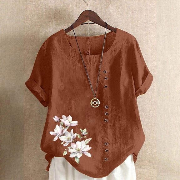 Shirt Women Fitted Blouse Women Trendy Womens Summer Tops Trendy Tshirts Women's Tee Women Fitted Women Casual and Linen Round-Neck Printed Short Sleeve Button T-Shirt Blouse