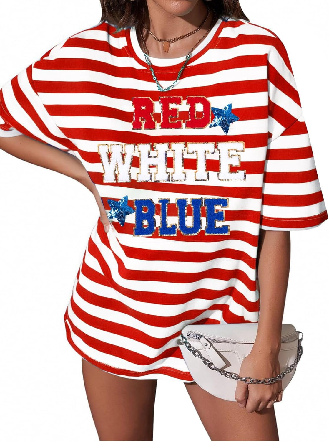 Women's Patriotic T-Shirt - "Land Of The Free Because Of The Brave" USA 4th Of July Shirt (Oversized Fit) - View #7
