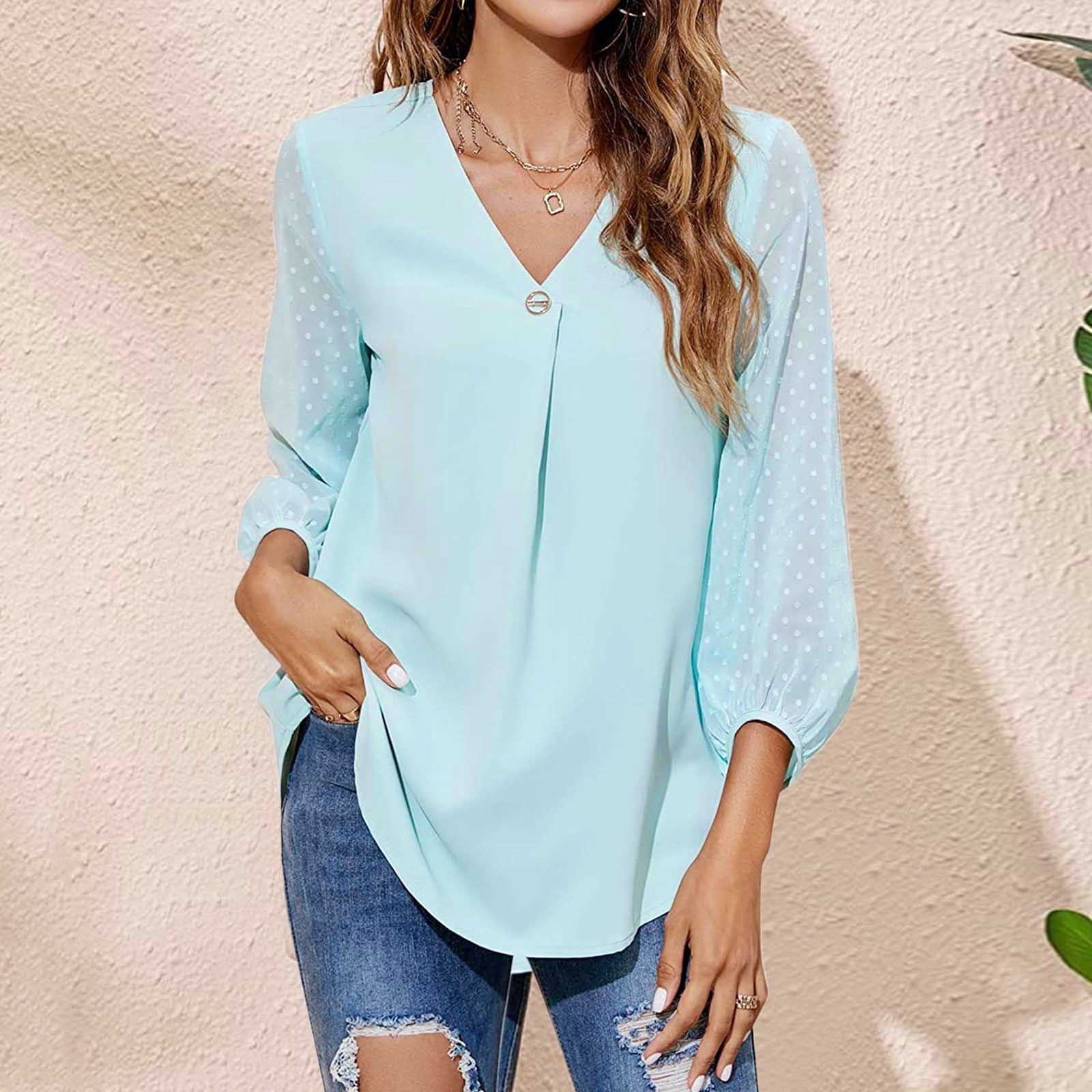 Shirt Womens Summer Chiffon V Neck Long Sleeve Blouse Casual Loose Work ...