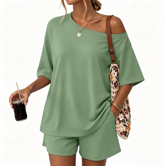 Shirt and Shorts Set Womens 2 Piece Matching Lounge Sets Short Sleeve Off Shoulder Tops Summer Beach Vacation Mini Shorts L