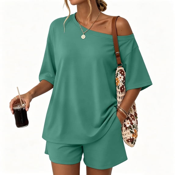 Shirt and Shorts Set Womens 2 Piece Matching Lounge Sets Short Sleeve Off Shoulder Tops Summer Beach Vacation Mini Shorts XL