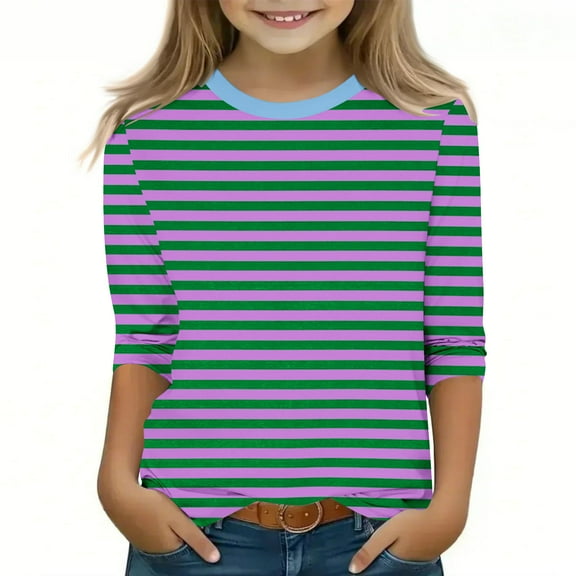 Shirt for Girls 14-16 Round Neck Shirt for Girls Three Quarter Length Sleeve Shirts Striped Tee Boys Blouse for Girls Size 14-16