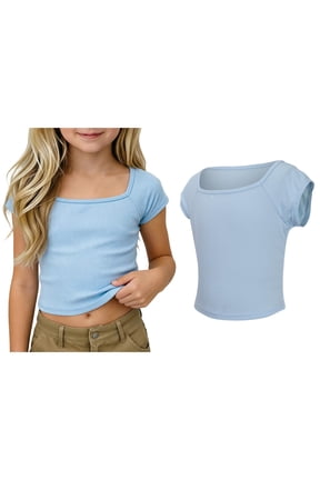 Shirt for Girls Short Sleeve Square Neck Ribbed Tee T-Shirt Basic Plain Girls Outfits 11-12 Years