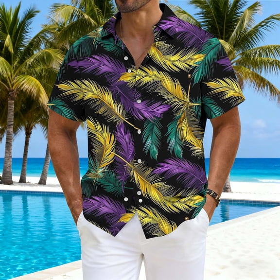 Shirt for Men Carnival Print Button Down Collar Longline T-Shirt Multicolor L