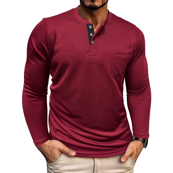Shirt for Men Long Sleeve Crew Neck Henley Shirt Loose Fit Red T-Shirts with Button Mens Workout Shirts