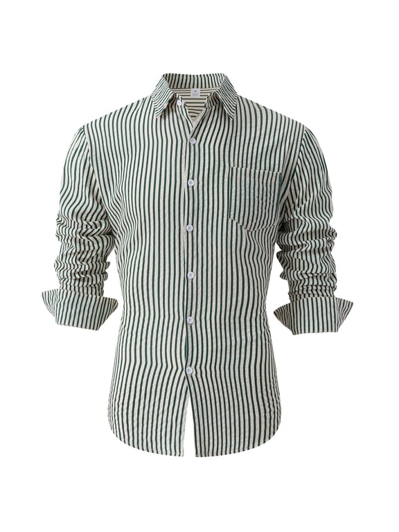 Shirt for Men Long Sleeve Green Front Pocket Slim Fit Striped Button down Shirt Mens Top L