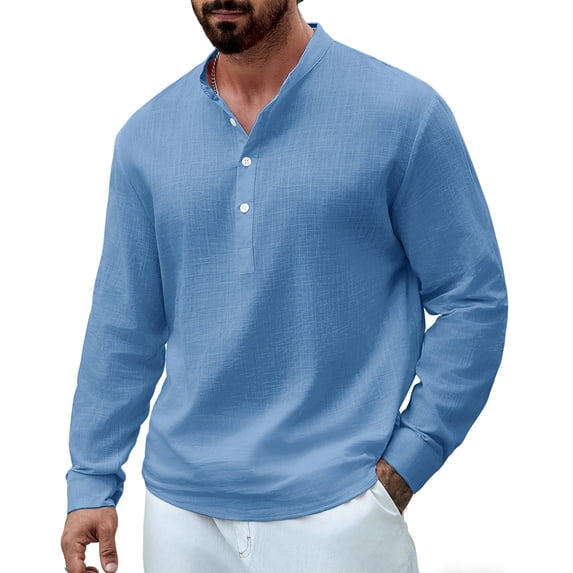 Shirt for Men, Mens Shirts for Summer Cotton V Neck Button Down Solid Casual Long Sleeve Pullover Tops Blue M