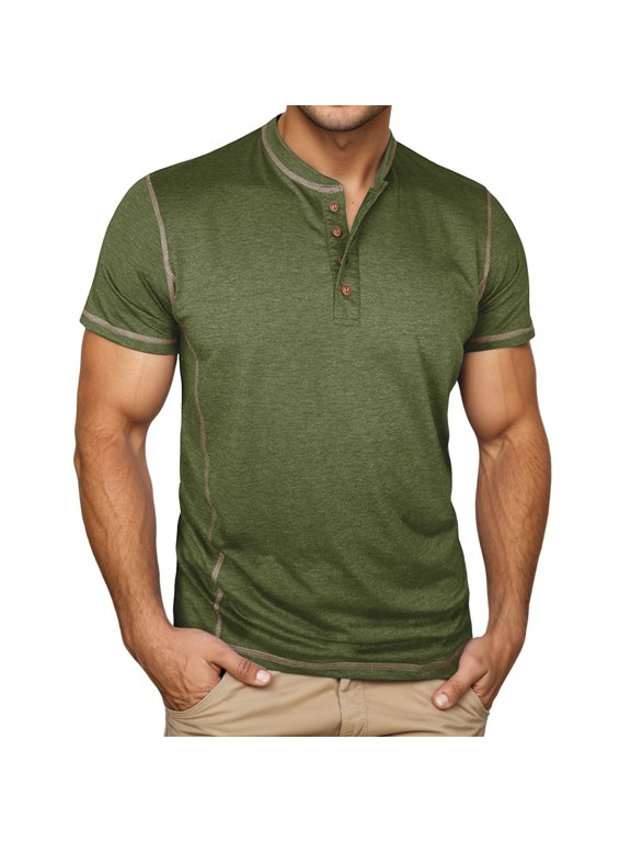 Shirt for Men Short Sleeve Crewneck Henley Shirt Loose Fit Army Green T Shirt with Button Mens Casual Shirts