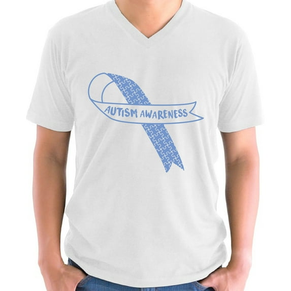 Shirt for Men V-neck Short Sleeve Autism Awareness Blue Ribbon Mens Graphic Tee