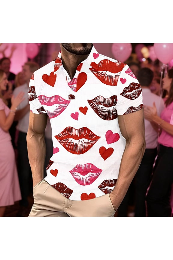Shirt for Men Valentine Jersey Print Short Sleeve Collared Button Front Sporty Top Red XL