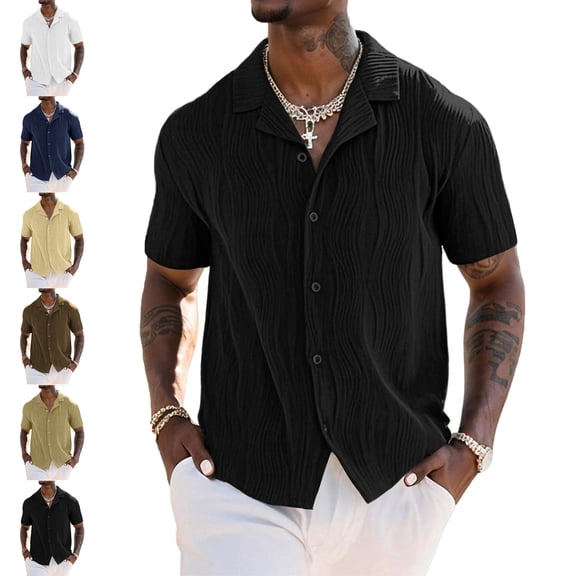 Shirt for Mens Solid Color Button Down Shirts Short Sleeve Textured Casual Hawaiian Vacation Tops Summer Plus Size Beach Shirt for Men
