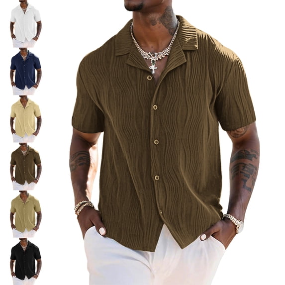 Shirt for Mens Solid Color Button Down Shirts Short Sleeve Textured Casual Hawaiian Vacation Tops Summer Plus Size Beach Shirt for Men