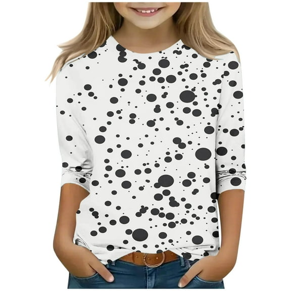Shirt for Teen Girls 2025 Trendy Polka Dots Graphic 3/4 Sleeve Shirts Kids Summer Casual Tshirts Tops 3-12T
