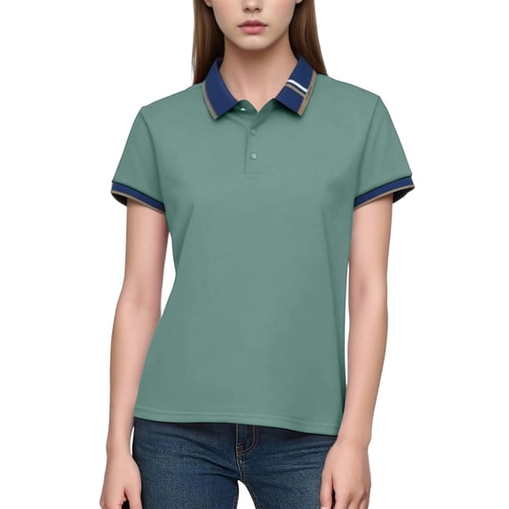 Shirt for Women Collared Short Sleeve Casual Officewear Slim Fit Color Block Trim Stretchy Breathable Pique Knit Working Top