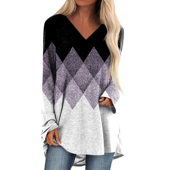 Shirt for Women Color Block V-Neck Long Sleeve Tunic Tops Casual Soft Fashion Loose Fit Fall Basic Blouses