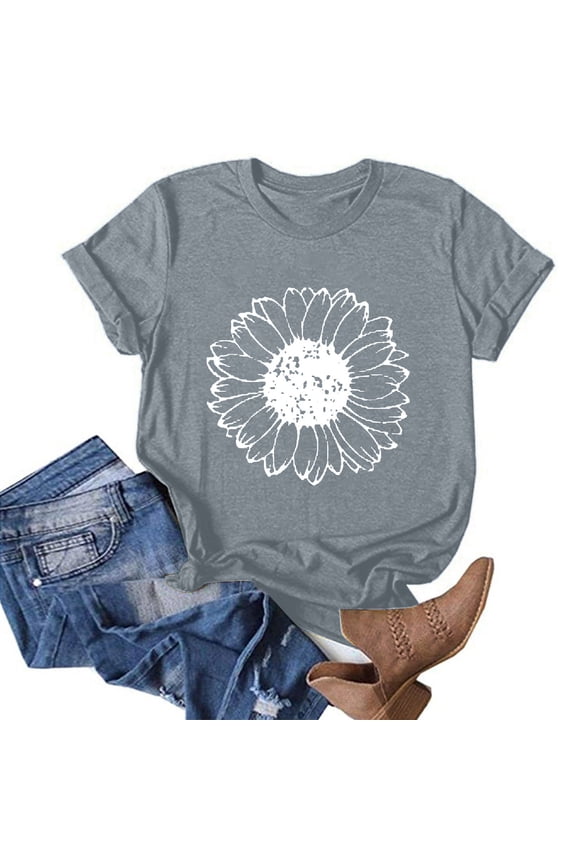 Shirt for Women Flower Graphic Tees Short Sleeve Casual T Shirts Tops Blouse Gray