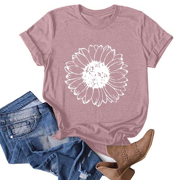 Shirt for Women Flower Graphic Tees Short Sleeve Casual T Shirts Tops Blouse Clearance Sale Pink A