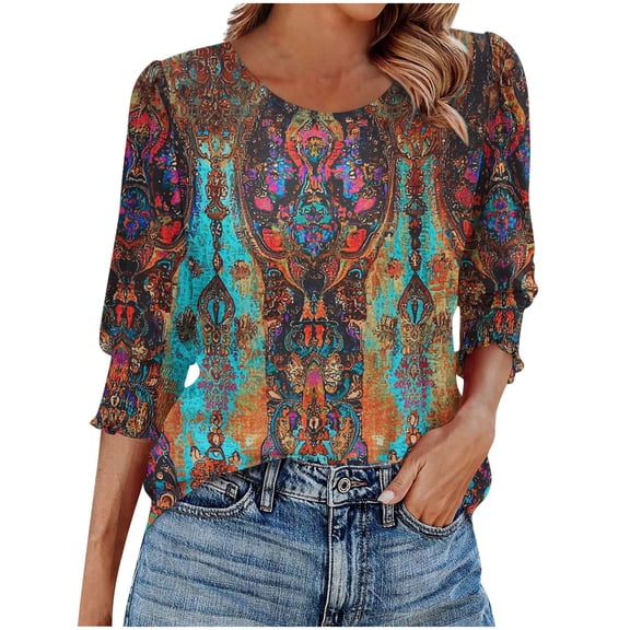 Shirt for Women Plus Size 3/4 Sleeve Round Neck Casual Printed Blouses Shirts Multicolor XXL