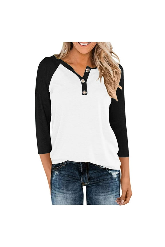 Shirt for Women Plus Size 3/4 Sleeve Round Neck Color Block Loose Shirt Black XXL