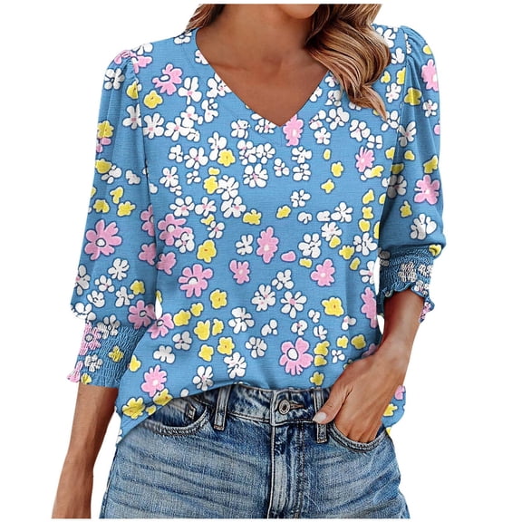 Shirt for Women Plus Size 3/4 Sleeve V-Neck Printed Casual Blouses Shirts Light Blue XXL