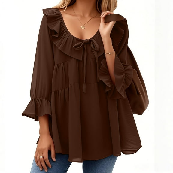Shirt for Women Plus Size 3/4 Sleeved Ruffled Round Neck Pleats Casual Shirt Summer Work Shirt Brown XXL