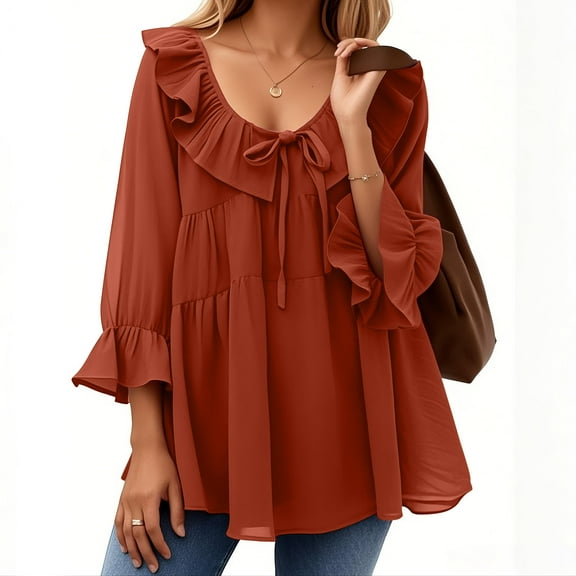 Shirt for Women Plus Size 3/4 Sleeved Ruffled Round Neck Pleats Casual Shirt Summer Work Shirt Orange XXL