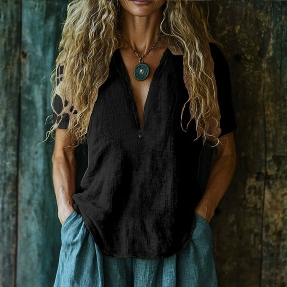 Shirt for Women Plus Size Short Sleeve Cotton Linen V-Neck Button Solid Shirt Loose T-shirt Black XXL