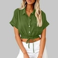 thumbnail image 1 of Shirt for Women Plus Size Short Sleeve Lapel Cotton Linen Loose Button Tunic Summer Work Clothes Army Green XXL, 1 of 6