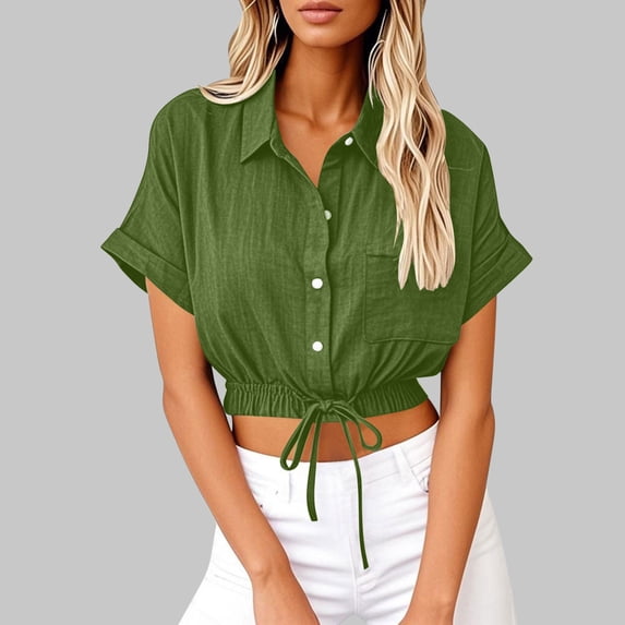 Shirt for Women Plus Size Short Sleeve Lapel Cotton Linen Loose Button Tunic Summer Work Clothes Army Green XXL