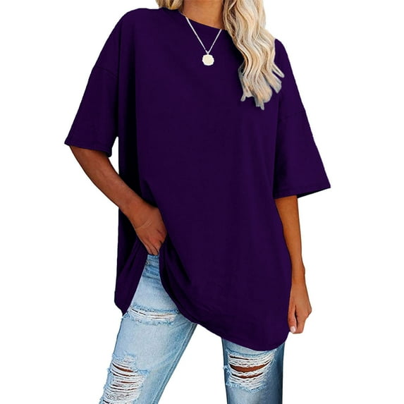 Shirt for Women Plus Size Short Sleeve Round Neck Solid Loose Cotton Tops Purple XXL