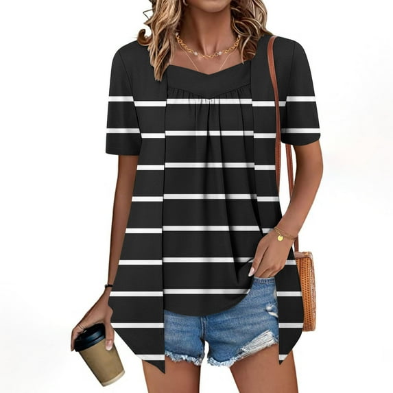 Shirt for Women Plus Size Short Sleeve Square Collar Stripe Printed Pleats Blouses Black XXL
