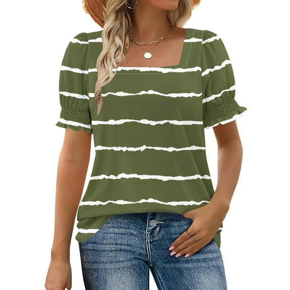 Shirt for Women Plus Size Short Sleeve Square Neck Stripe Printing Casual Loose T-shirt Army Green XXL