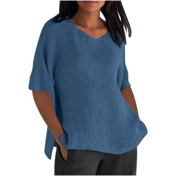 Shirt for Women Plus Size Short Sleeve V-Neck Loose Tunic Cotton Linen Summer Shirts Blouse Blue XXL