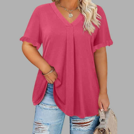 Shirt for Women Plus Size Short Sleeve V Neck Pleats Ruffles Plus Casual Pullover T Shirt Hot Pink XXL