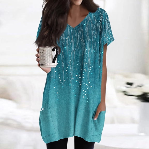 Shirt for Women Plus Size Short Sleeved V-Neck Floral Print Double Pocket Pullover T-shirt *Blue XXL