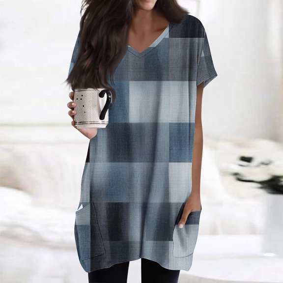 Shirt for Women Plus Size Short Sleeved V-Neck Floral Print Double Pocket Pullover T-shirt *Navy XXL