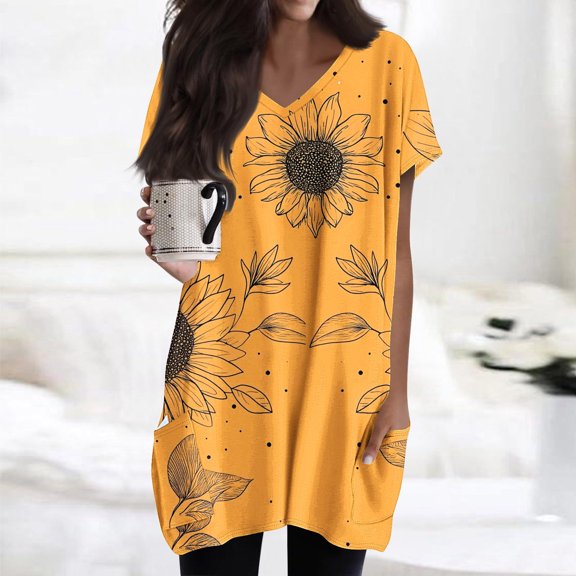 Shirt for Women Plus Size Short Sleeved V-Neck Floral Print Double Pocket Pullover T-shirt Yellow XXL