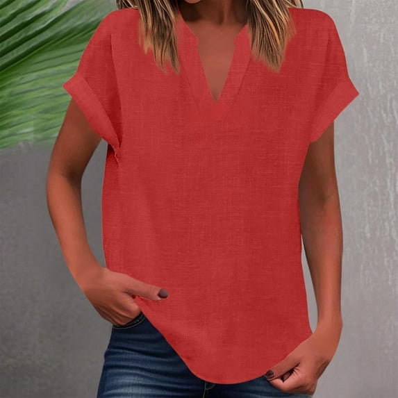 Shirt for Women Plus Size Short Sleeved V-Neck Solid Color Shoulder Pullover T-shirt Red XXL