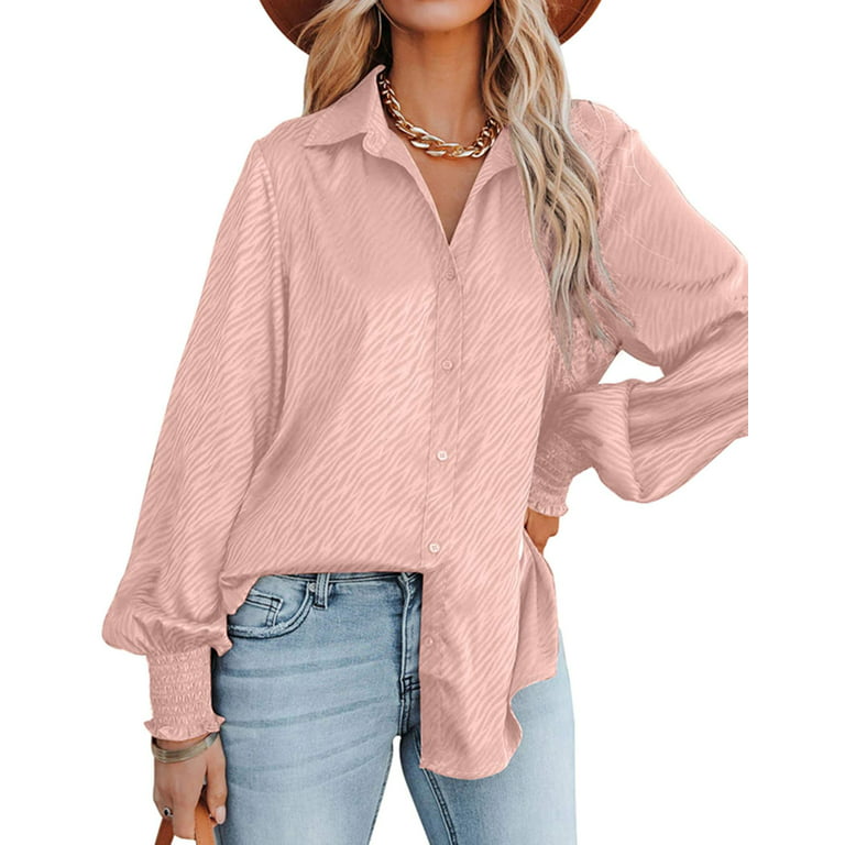Shirt for Women Satin Embossed Long Sleeve Shirts Business Office Work Blouse  Tops 
