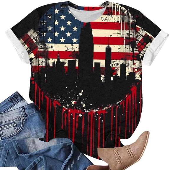 Shirt for Women Short Sleeved Round Neck Independence Day Printed Casual Pullover Top Multicolor XL