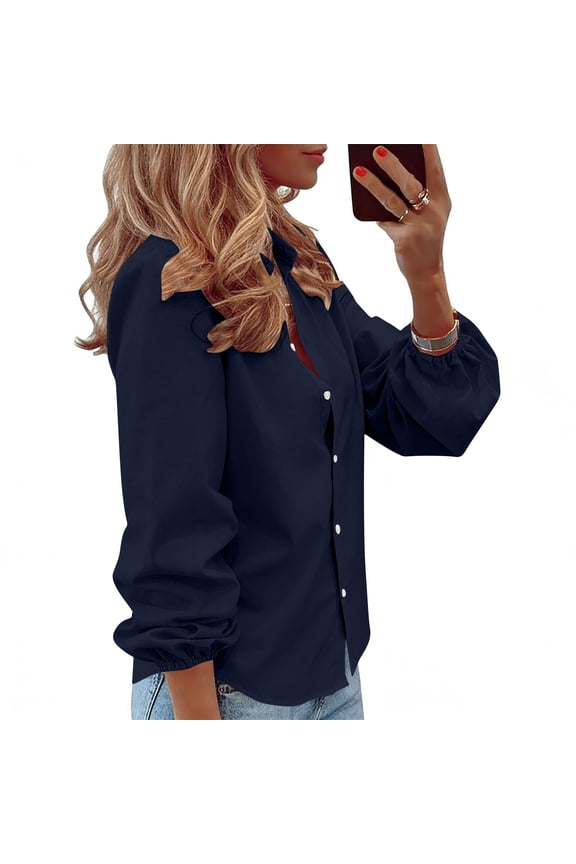 Shirt for Women V Neck Button Down Long Lantern Sleeve Fashion Casual Officewear Loose Fit Solid Design Breathable Soft Elegant Fall Work Tops