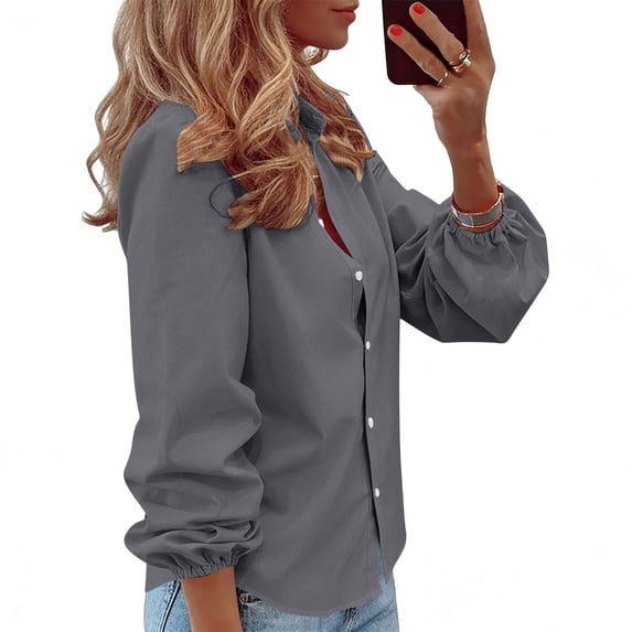 Shirt for Women V Neck Button Down Long Lantern Sleeve Fashion Casual Officewear Loose Fit Solid Design Breathable Soft Elegant Fall Work Tops