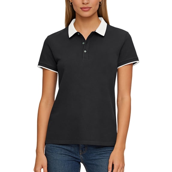 Shirt for Women V Neck Short Sleeve Casual Fashion Slim Fit Color Block Collar Stretchy Breathable Pique Cotton Top Everyday Uniform Wear