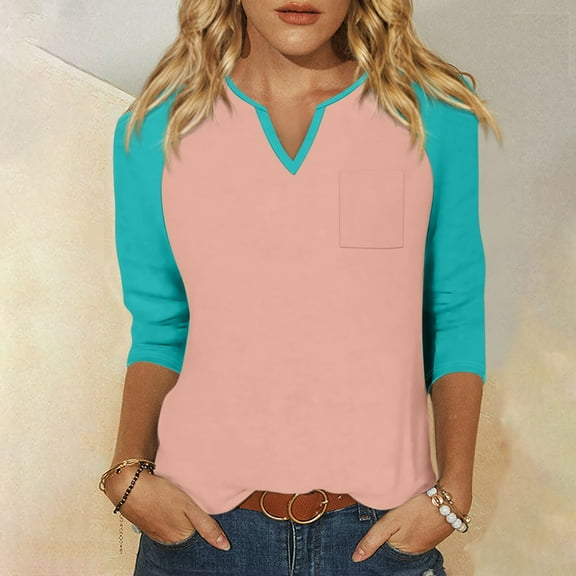 Shirt for Women's Fashion Casual Raglan Sleeve Pocket V Neck 3/4 Sleeve Loose Printed T-Shirt Ladies Top