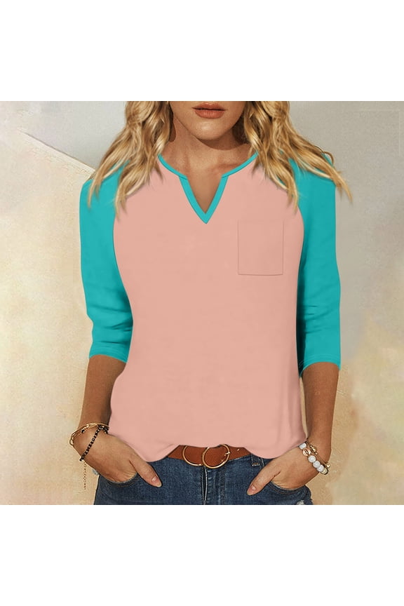 Shirt for Women's Fashion Casual Raglan Sleeve Pocket V Neck 3/4 Sleeve Loose Printed T-Shirt Ladies Top
