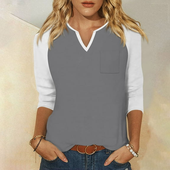 Shirt for Women's Fashion Casual Raglan Sleeve Pocket V Neck 3/4 Sleeve Loose Printed T-Shirt Ladies Top