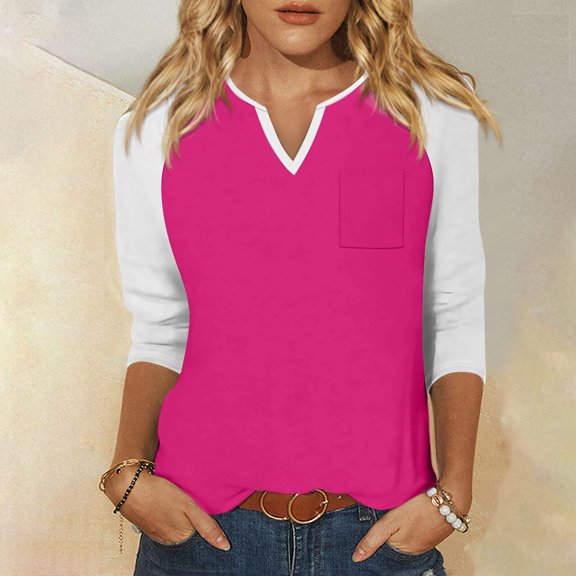Shirt for Women's Fashion Casual Raglan Sleeve Pocket V Neck 3/4 Sleeve Loose Printed T-Shirt Ladies Top