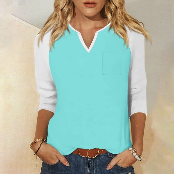 Shirt for Women's Fashion Casual Raglan Sleeve Pocket V Neck 3/4 Sleeve Loose Printed T-Shirt Ladies Top